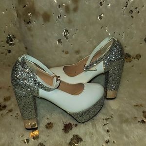 White patent leather silver sequence heeled shoe red bottom